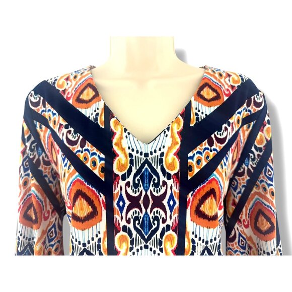 Chico's Size 2 = Large/12 Ikat Multi-Color Print V-Neck Tie-Sleeve Shift Dress - Picture 2 of 8